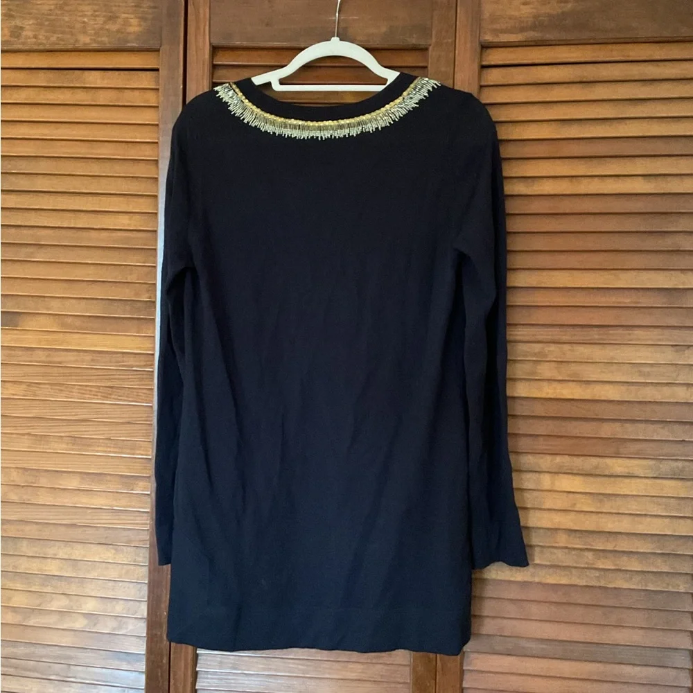 Tory Burch Dove gold and silver beaded black tunic sweater size medium.